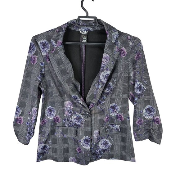 Womens Soho Apparel Gray & Purple Plaid Floral Blazer Polyester Blend Stretch M - Picture 1 of 7